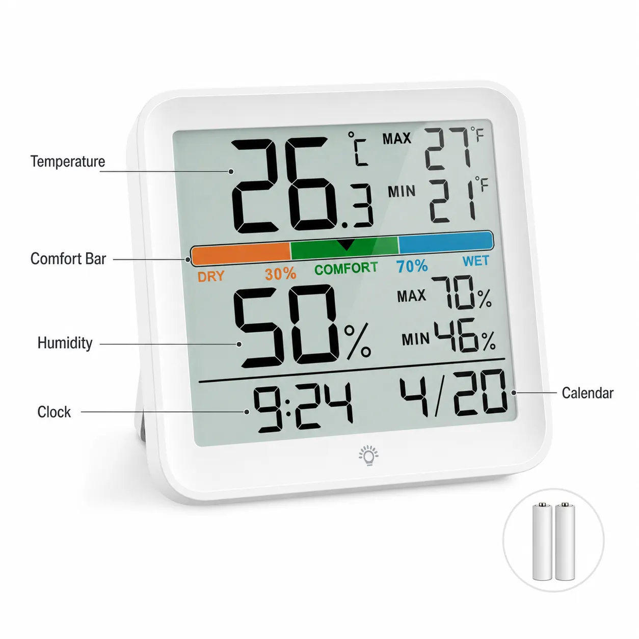 YGH5275 Colour-Screen Indoor Thermometer And Hygrometer, Classic White controls and screen