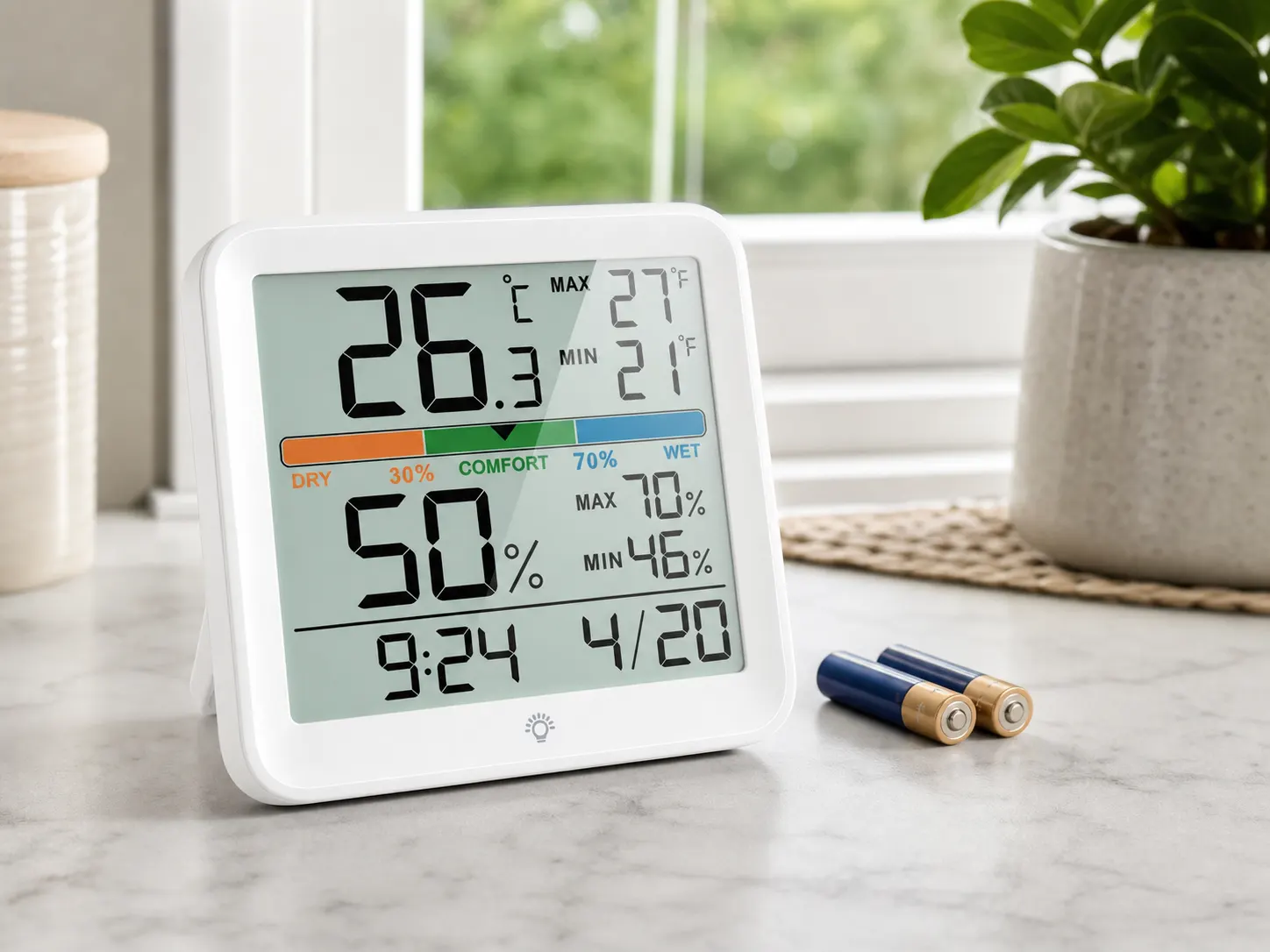 YGH5275 Colour-Screen Indoor Thermometer And Hygrometer, Classic White in use