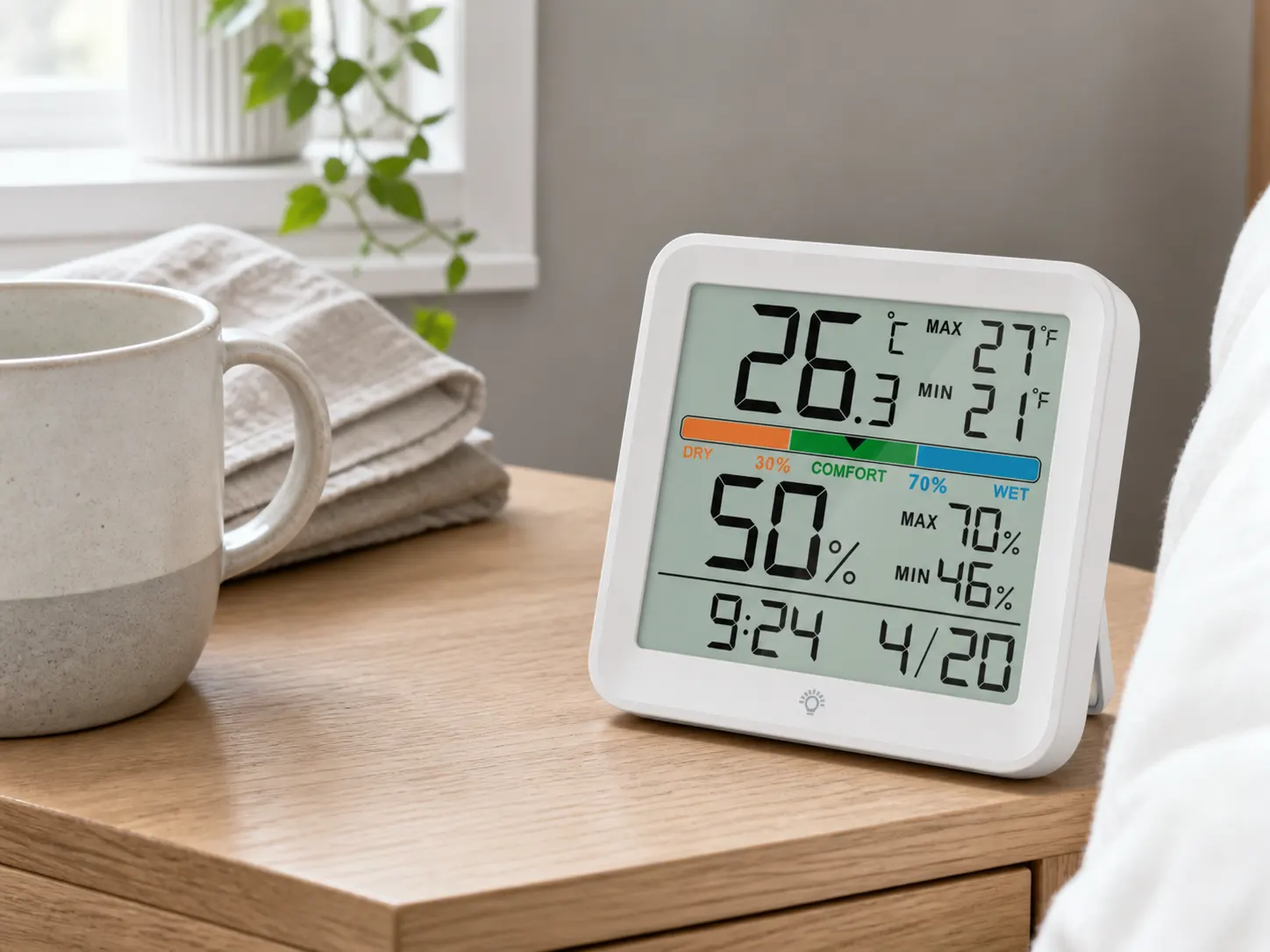 YGH5275 Colour-Screen Indoor Thermometer And Hygrometer, Classic White in use