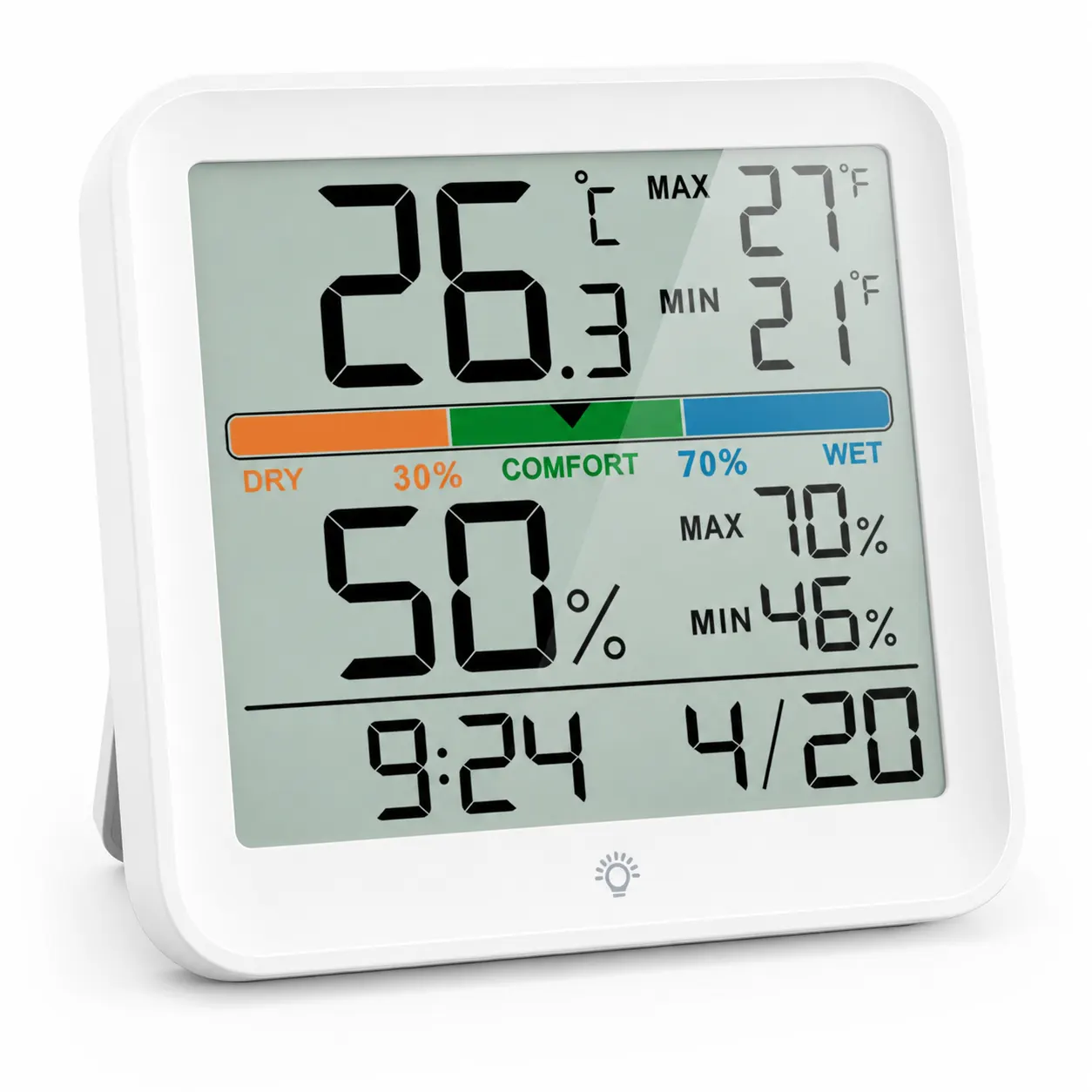 YGH5275 Colour-Screen Indoor Thermometer And Hygrometer, Classic White controls and screen