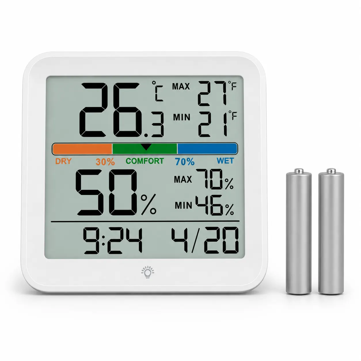 YGH5275 Colour-Screen Indoor Thermometer And Hygrometer, Classic White and included accessories