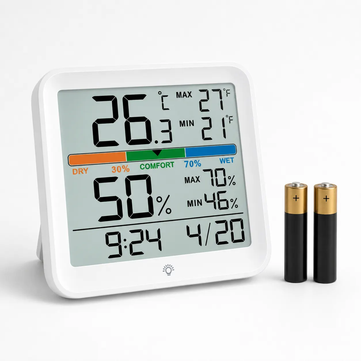 YGH5275 Colour-Screen Indoor Thermometer And Hygrometer, Classic White and included accessories