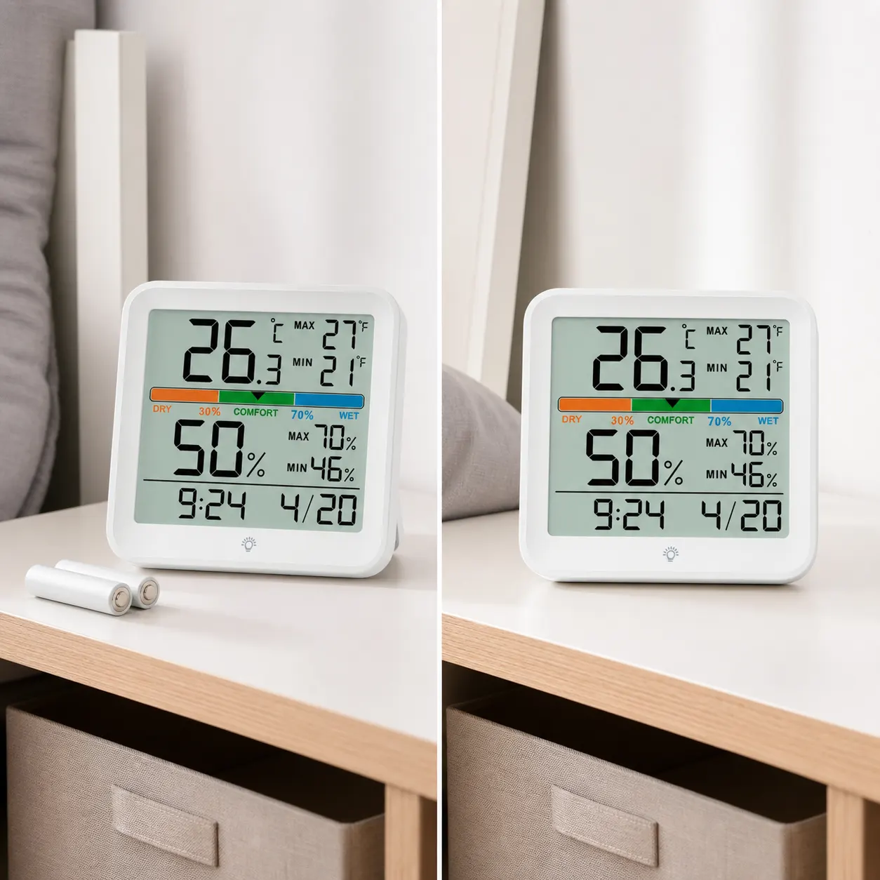 YGH5275 Colour-Screen Indoor Thermometer And Hygrometer, Classic White setup and use views