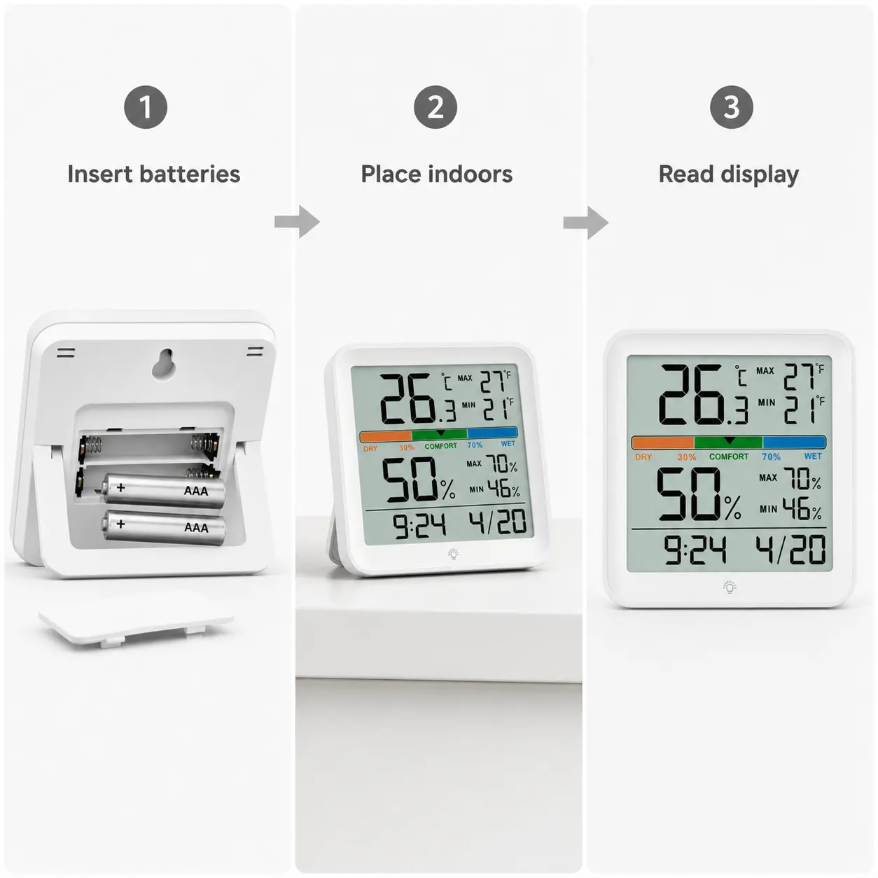 YGH5275 Colour-Screen Indoor Thermometer And Hygrometer, Classic White setup and use views